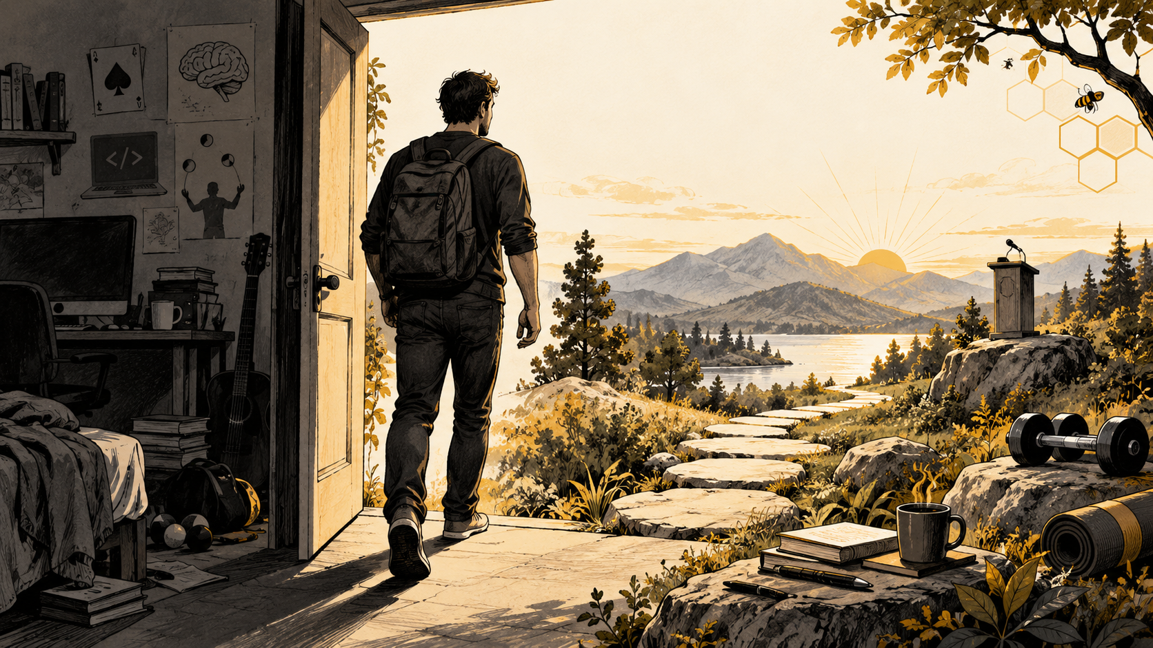Stepping out of the old room into a sunrise path with writing, health, and speaking ahead
